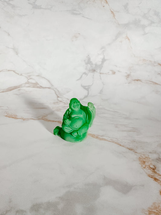 Petit Bouddha Vert Rieur avec Mains Levées | Joie et Lâcher-prise