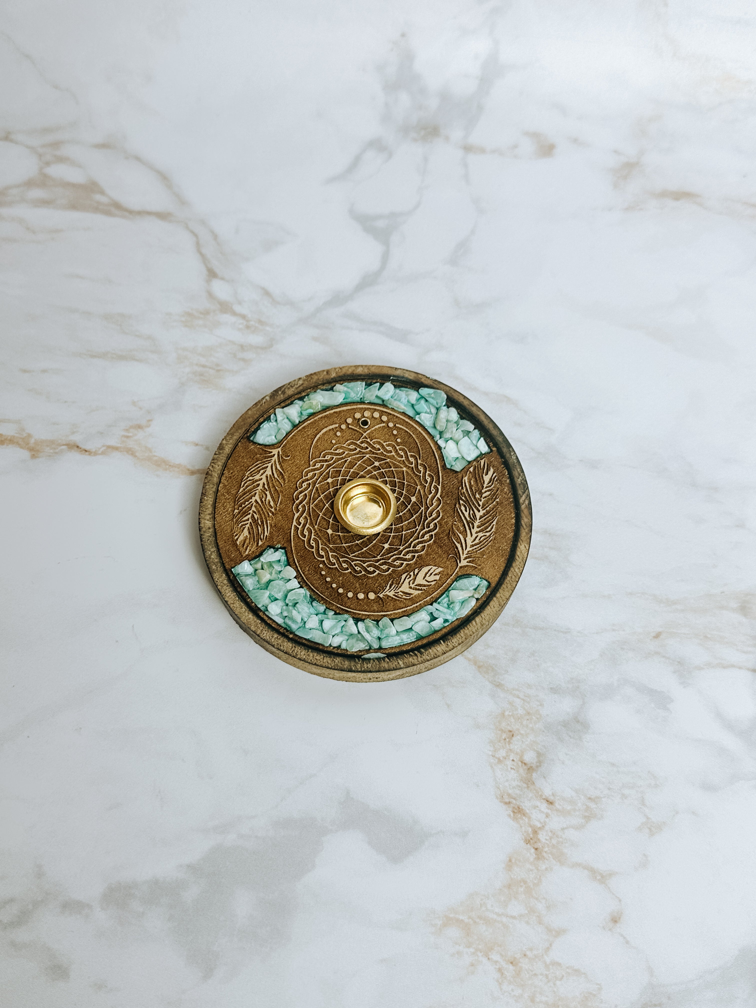 Porte-Encens Mandala & Amazonite – Bois Gravé | Bâtons & Cônes