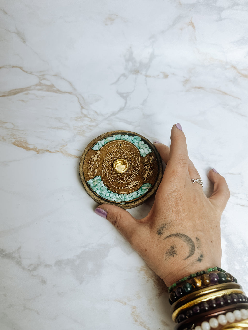 Porte-Encens Mandala & Amazonite – Bois Gravé | Bâtons & Cônes