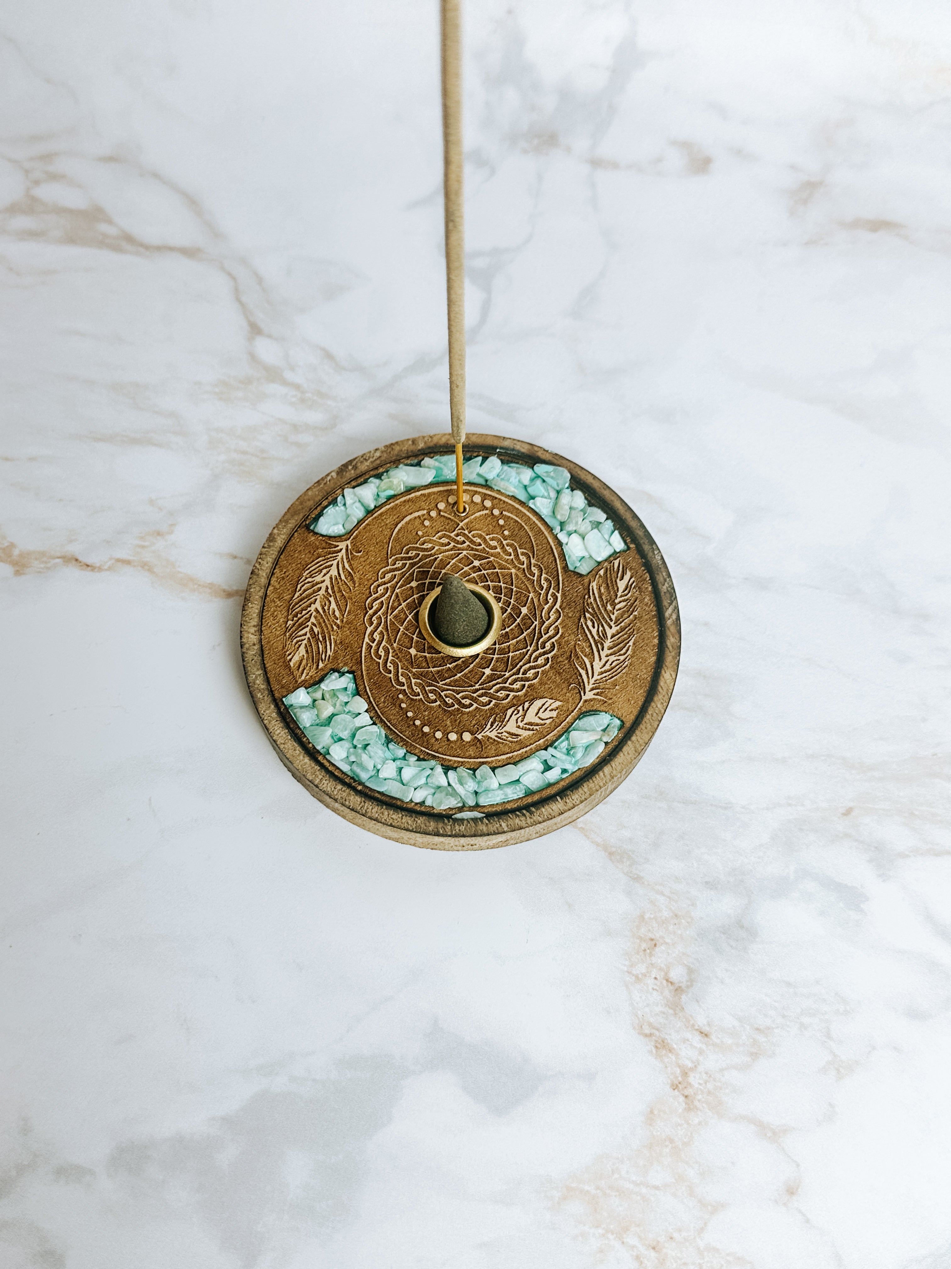 Porte-Encens Mandala & Amazonite – Bois Gravé | Bâtons & Cônes