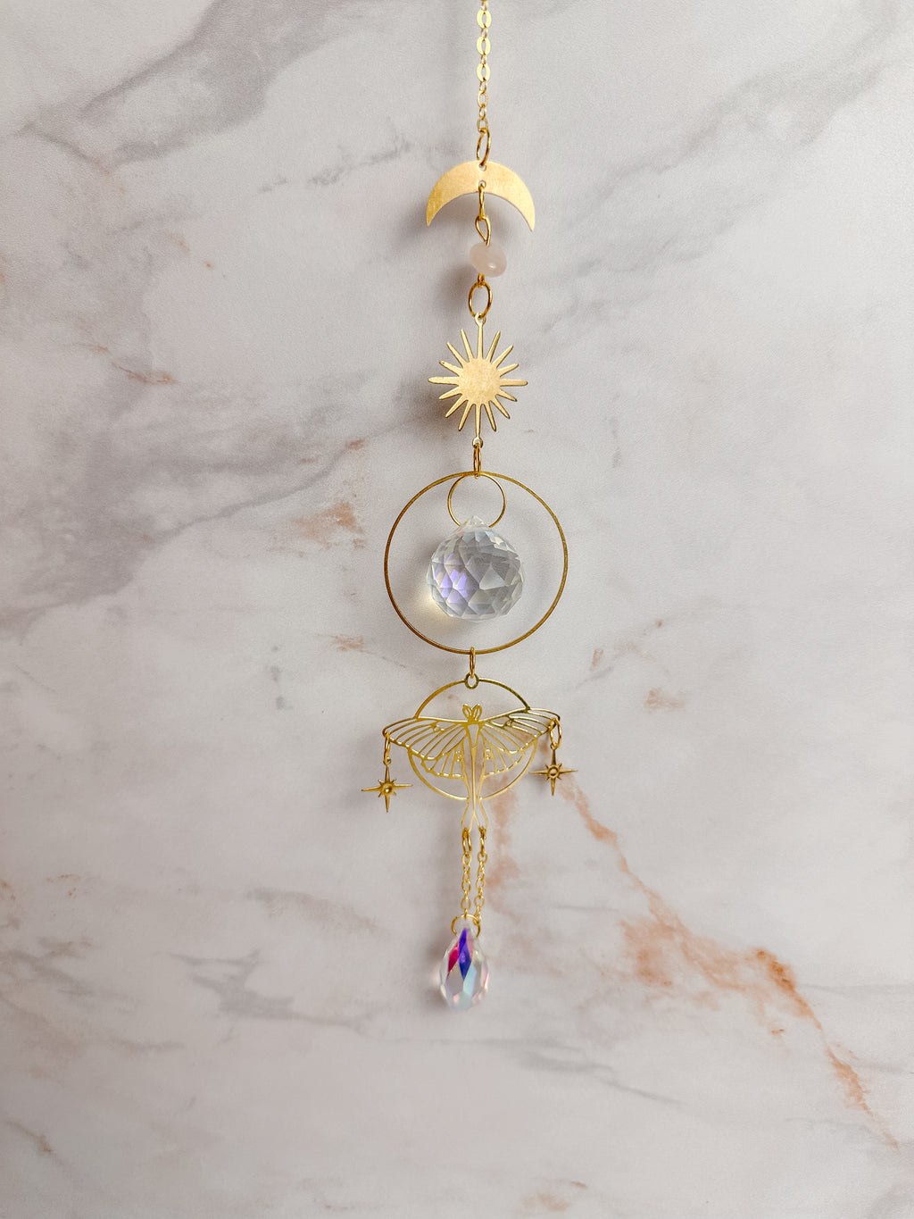Attrape-soleil Papillon céleste, lune & quartz rose