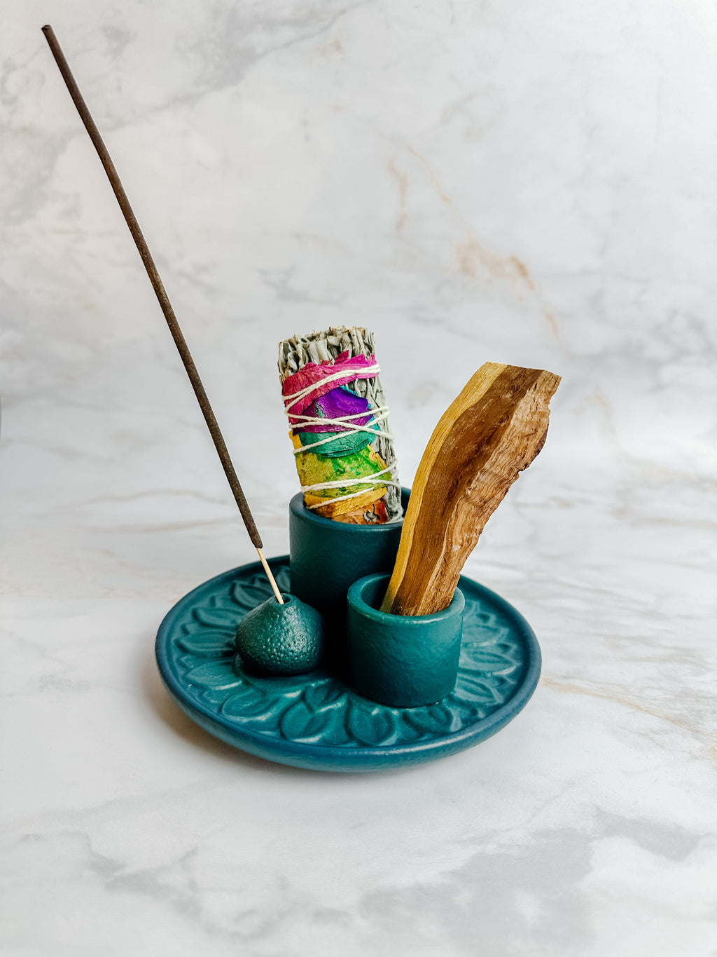 Brûleur en céramique 3-en-1 pour Palo Santo, smudge et encens – Couleur pétrole