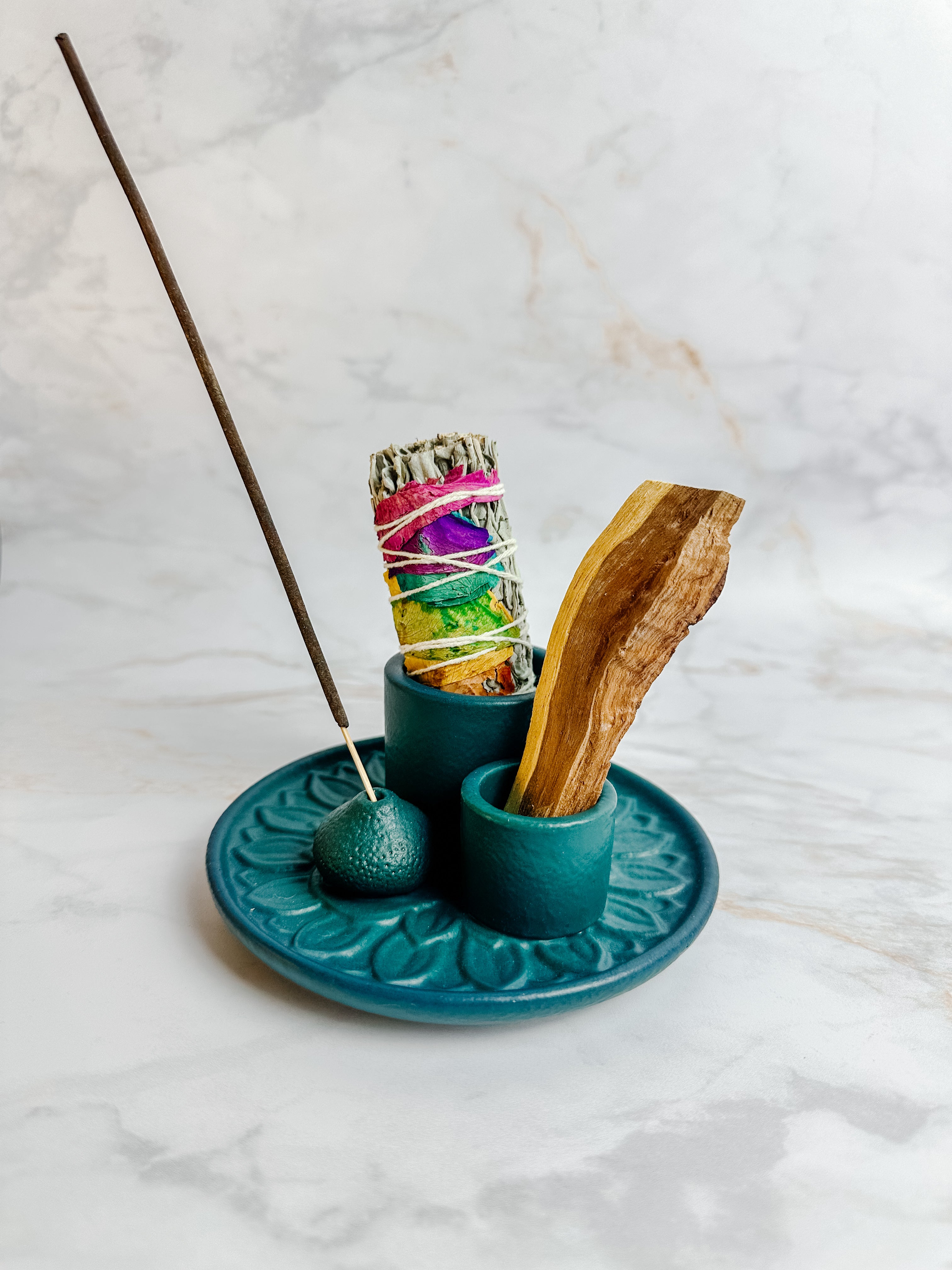 Brûleur en céramique 3-en-1 pour Palo Santo, smudge et encens – Couleur pétrole