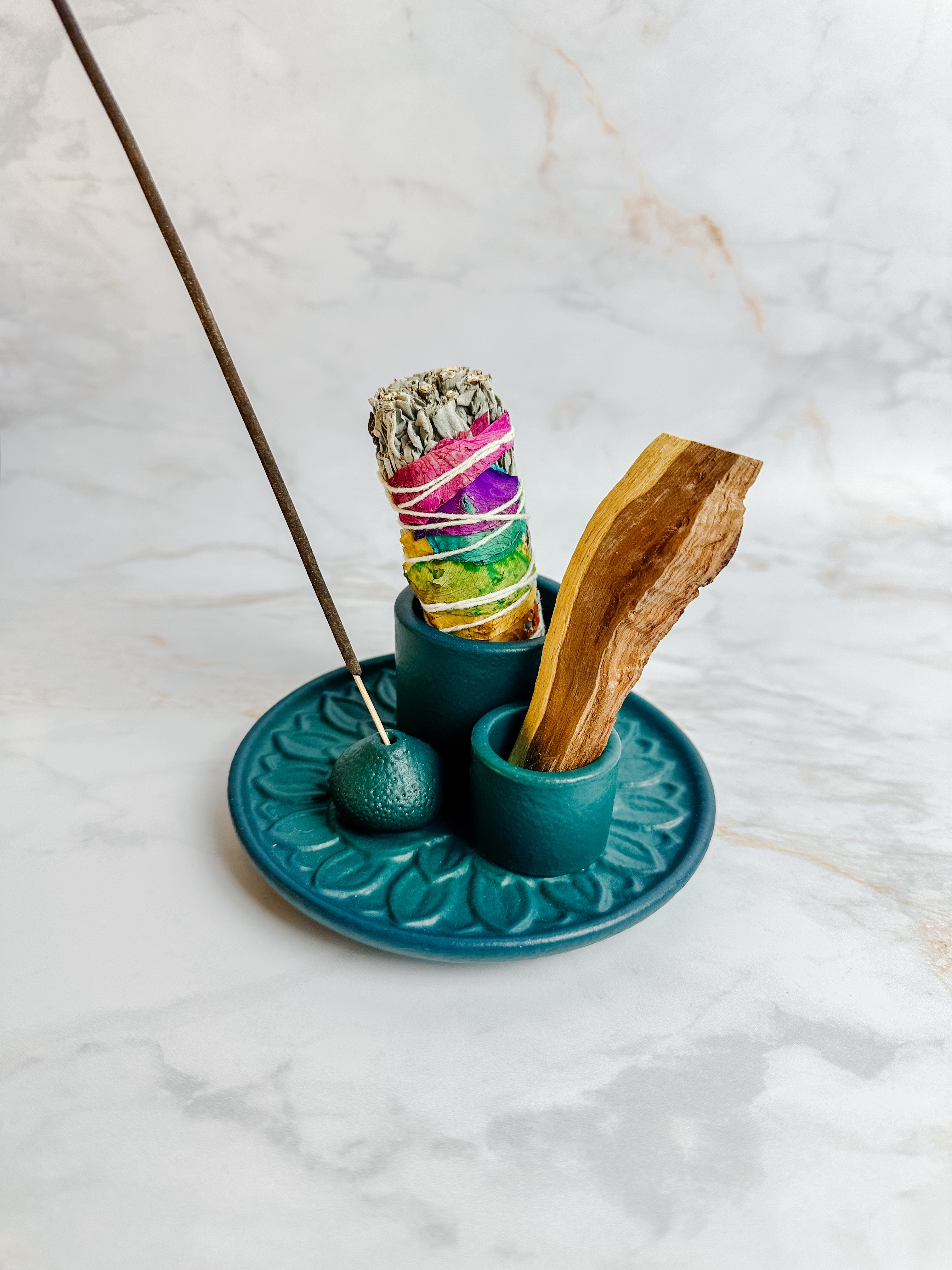 Brûleur en céramique 3-en-1 pour Palo Santo, smudge et encens – Couleur pétrole