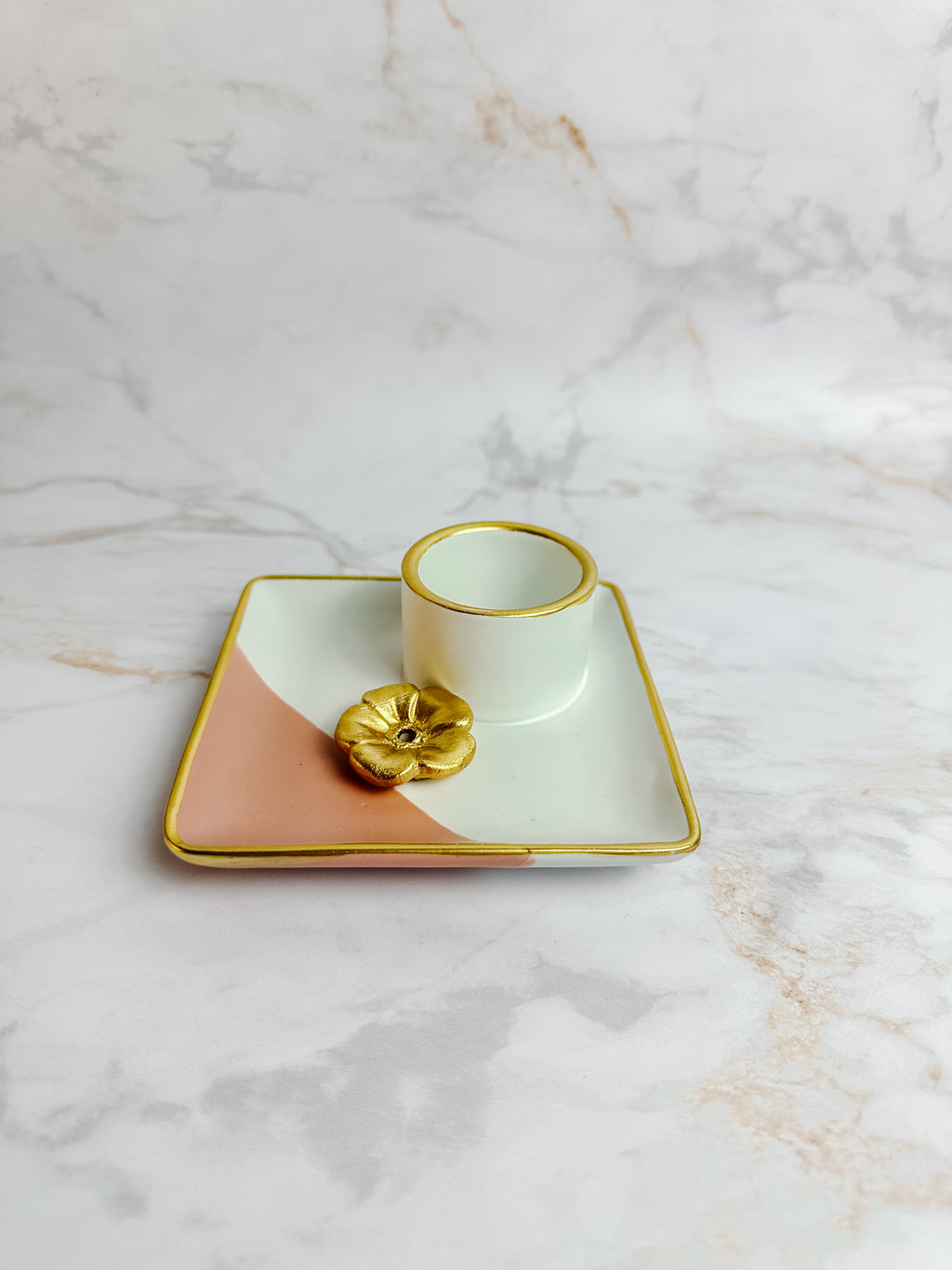 Brûleur en céramique Sauge & Palo Santo – Fleur rose/blanc/or